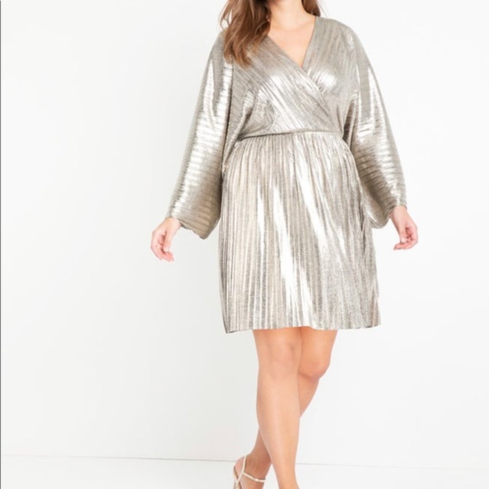 Eloquii Dress Pleated Kimono Sleeve Mini Silver/Gold Size 28 NWT